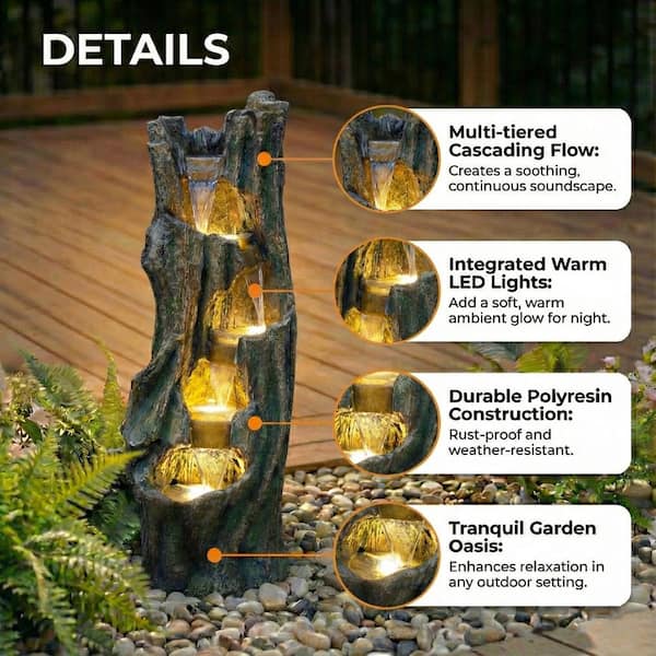 39.4 in. H Outdoor Waterfall Fountain w/LED Lights,Easy Setup