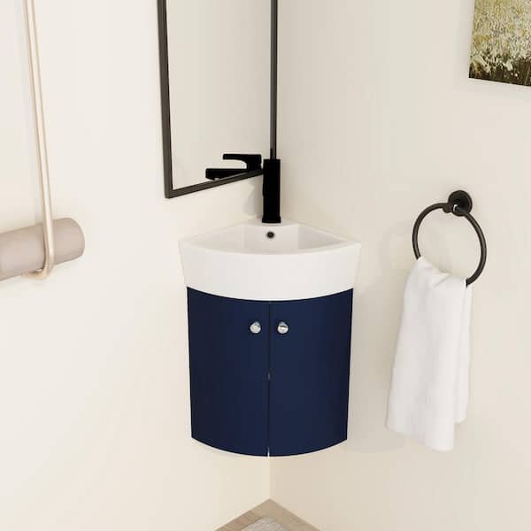 ARTCHIRLY 12.8 in. W x 12.8 in. D x 22.8 in. H Dark Blue Wall Mounted Corner Single Bathroom Vanity With Ceramic Vanity Top