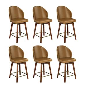 Lothar Mid-Century Modern Leather Swivel Stool Set of 6 with Solid Wood Legs-CAMEL