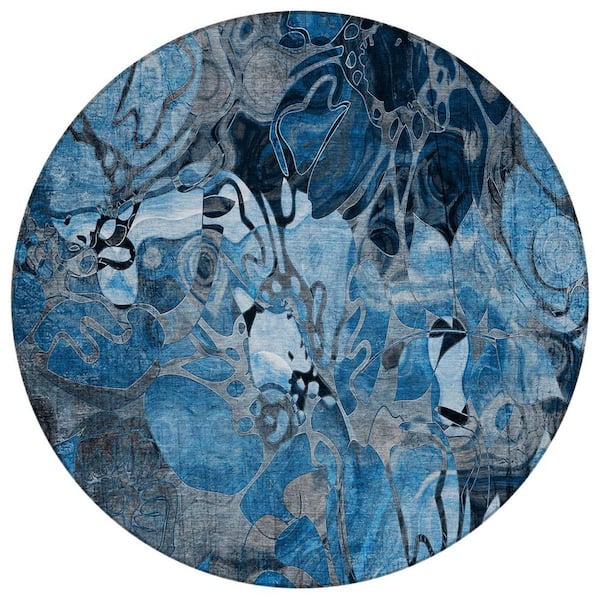 Blue, Gray 8 ft. x 8 ft. Woven Abstract Polyester Round Indoor / Outdoor Area Rug