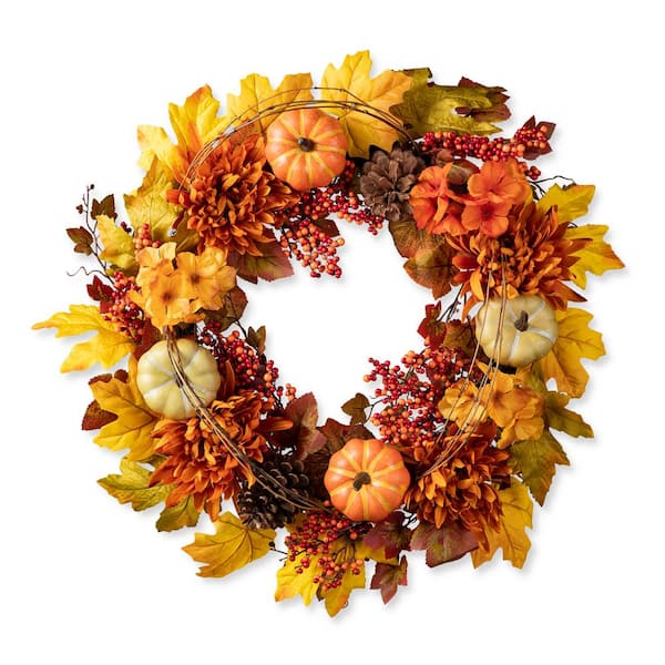 24 in. D Fall Unlit Dahlia Pumpkin, Leaf and Berry Wreath
