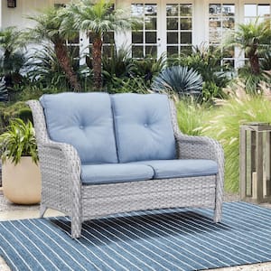 Carolina Light Gray Wicker Outdoor Loveseat with Baby Blue Cushions