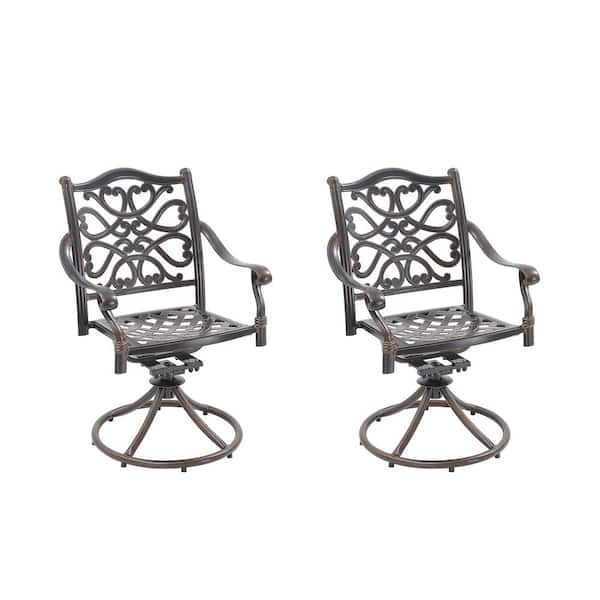 Kadehome Bronze Flower-Shaped Backrest Swivel Cast Aluminum Outdoor Dining Chair (2-Pack)