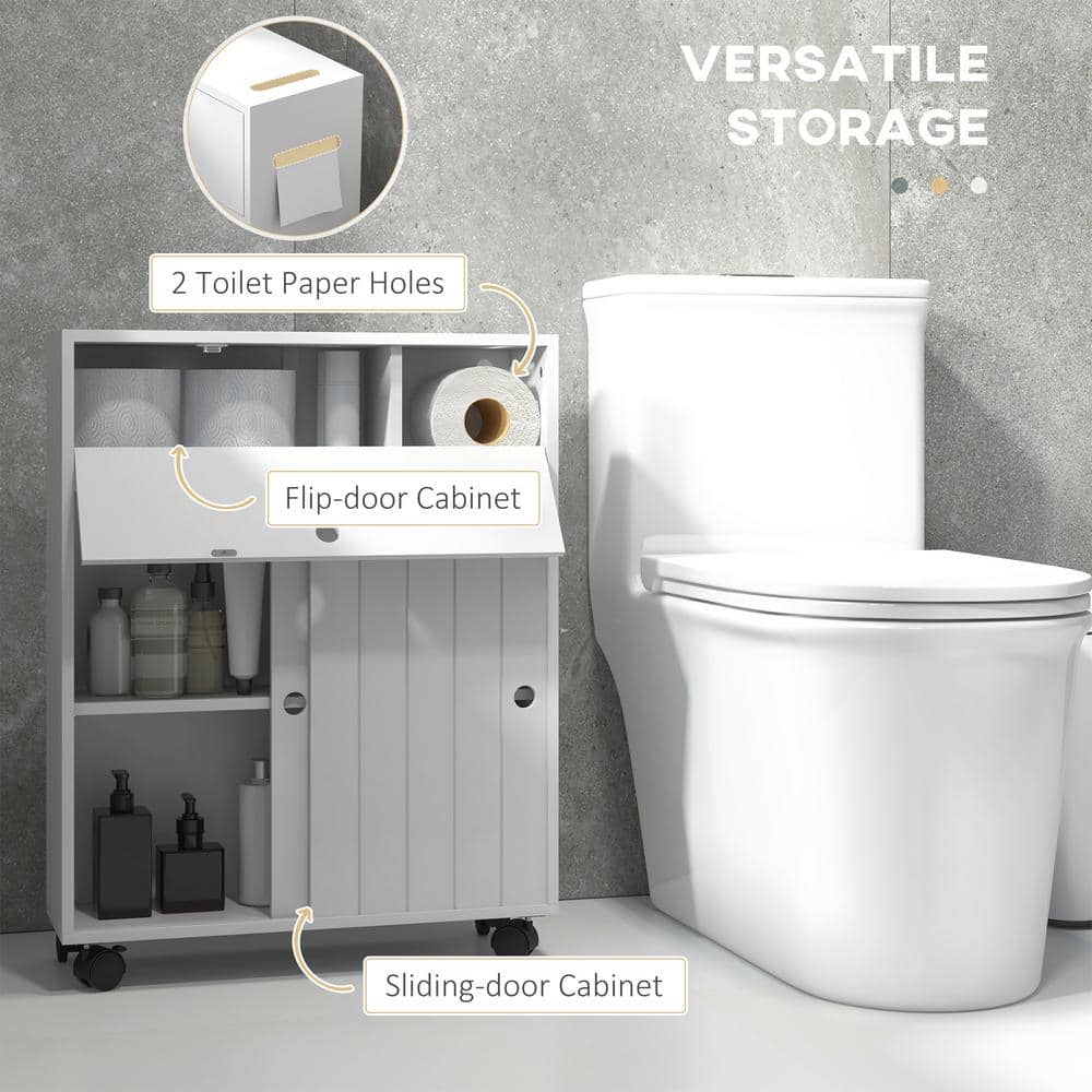 White Slim Bathroom Cabinet with Adjustable Shelving and Wheels
