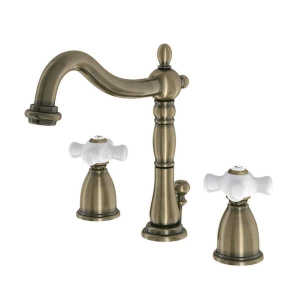 Kingston Brass Victorian Porcelain Cross 8 in. Widespread 2-Handle Bathroom Faucet in Antique Brass
