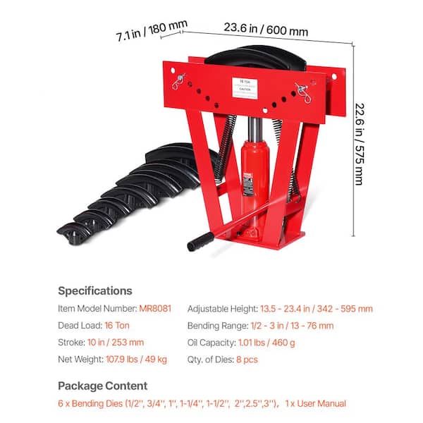 16-Ton Hydraulic Pipe Bender With 8 Dies – 90°–180° Bends, 8 Adjustable Rollers, Manual Ratcheting Tubing Bender For Steel, Iron, Copper