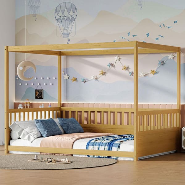 Full Size Natural Brown Canopy Bed Frame with 4 Poster Design