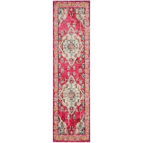 Monaco Pink/Multi 2 ft. x 22 ft. Distressed Border Medallion Runner Rug