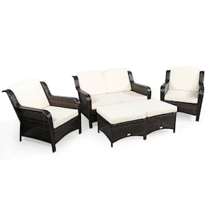 5-Piece PE Wicker Outdoor Sofa Set Patio Conversation Ottoman Set with Off White Cushions