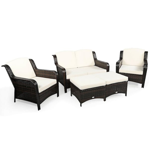 ANGELES HOME 5-Piece PE Wicker Outdoor Sofa Set Patio Conversation Ottoman Set with Off White Cushions