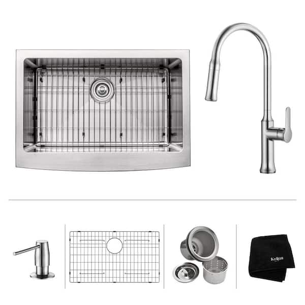 KRAUS All-in-One Farmhouse Apron Front Stainless Steel 30 in. Single Bowl Kitchen Sink with Faucet and Accessories in Chrome