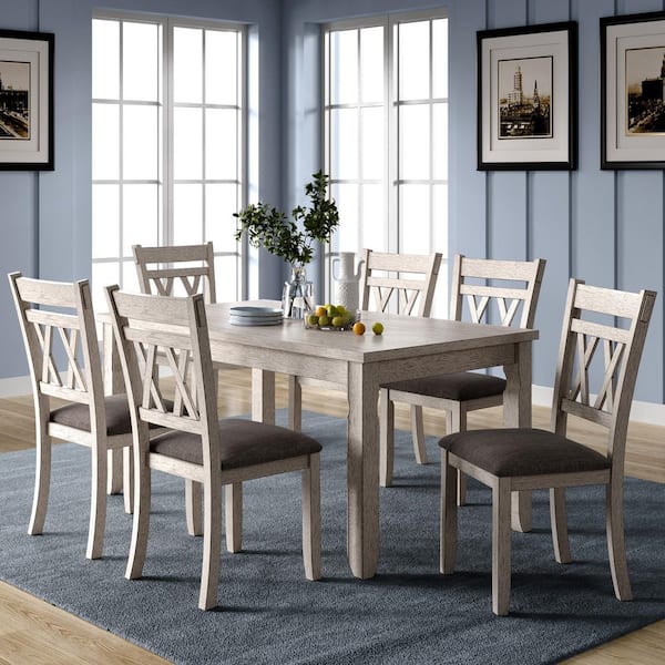 Farmhouse X-Back Dining Chairs, Set of 6 Wood with Gray Fabric Seat Rubberwood Kitchen and Dining Room Chairs