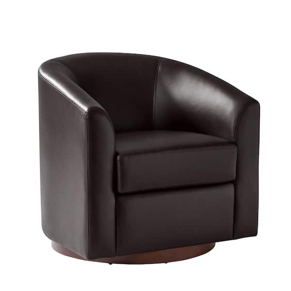 JAYDEN CREATION Meroy 30.5 in. Wide Brown Modern Swivel Barrel Faux Leather Chair with Solid Wood Base