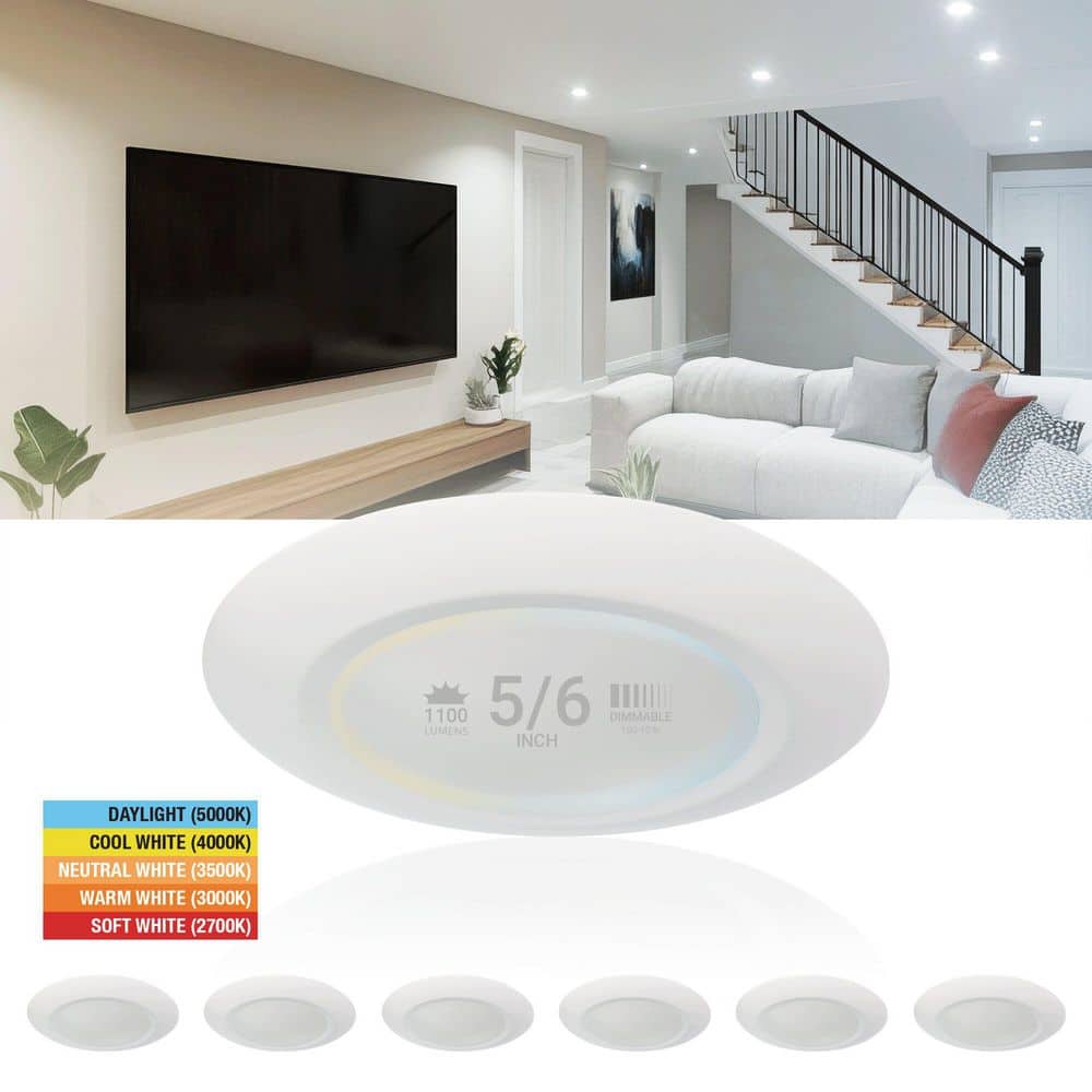 6-Pack 5/6 in. Flush Mount LED Disk Light Selectable 5CCT, CRI 90, 1100 Lumens, 3o/4o J-Box Compatible, Dimmable