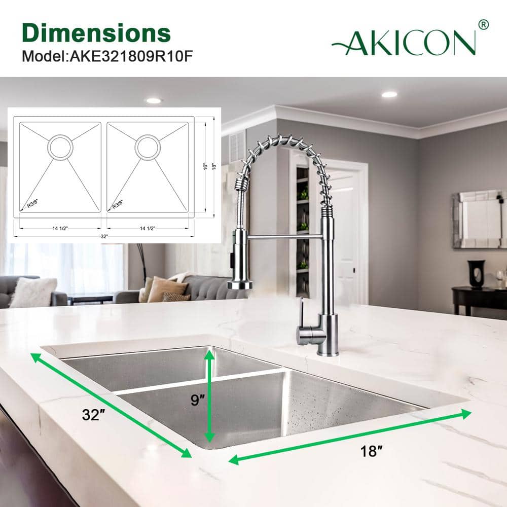 32'' Stainless Steel Double Bowl Undermount Kitchen Sink with Drainboard