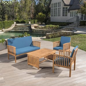 Outdoor Acacia Wood Sofa Set with Water Resistant Cushions, 4-Pcs Set, Brown Patina/Teal Blue