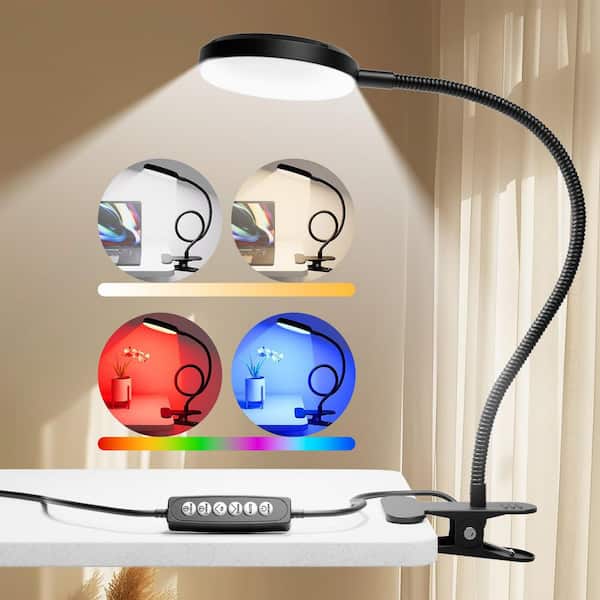 15.7 in. Black Clip-On Desk Lamp, Adjustable Gooseneck Reading Light with RGB Ambient Mode for Bedroom Office