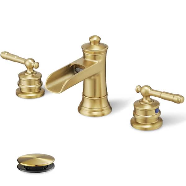1-Piece Widespread Bathroom Faucet with Pop-Up Drain in Gold, Brass Waterfall Faucet for Bathroom Sink