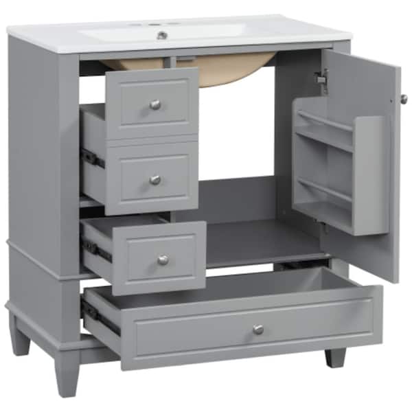 30 in. W x 18.3 in. D x 33.7 in. H Bathroom Gray Linen Cabinet with Shelf and Three Drawers, Soft Close Door