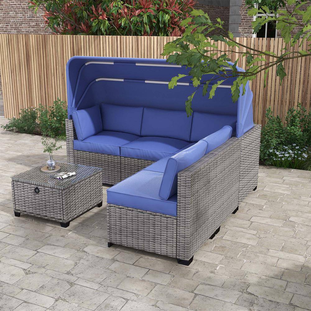 6-Piece Gray Wicker Outdoor Sectional Set Rattan Daybed with Blue Cushions Retractable Canopy and Adjustable Backrest price history on PriceWatchPro