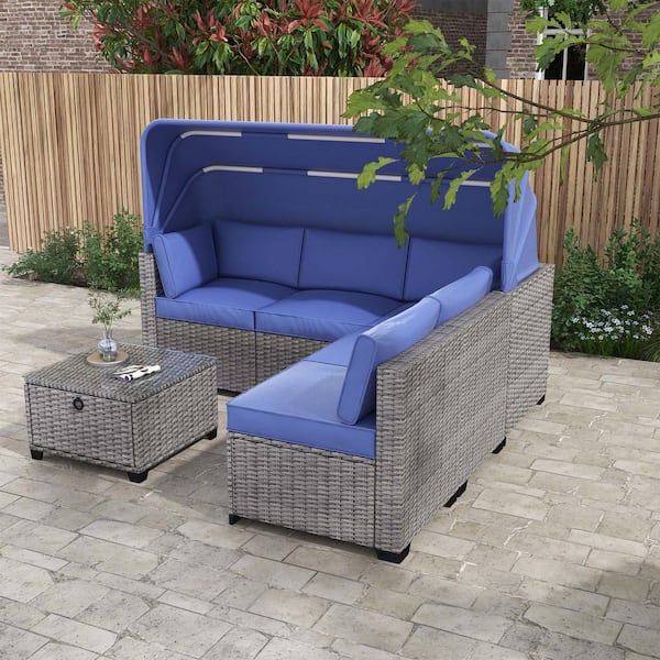 Tenleaf 6-Piece Gray Wicker Outdoor Sectional Set Rattan Daybed with Blue Cushions Retractable Canopy and Adjustable Backrest