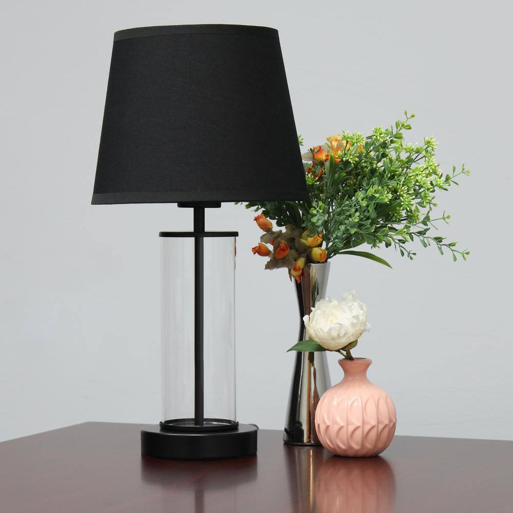 Black Metal and Clear Glass Table Lamp with Fabric Shade
