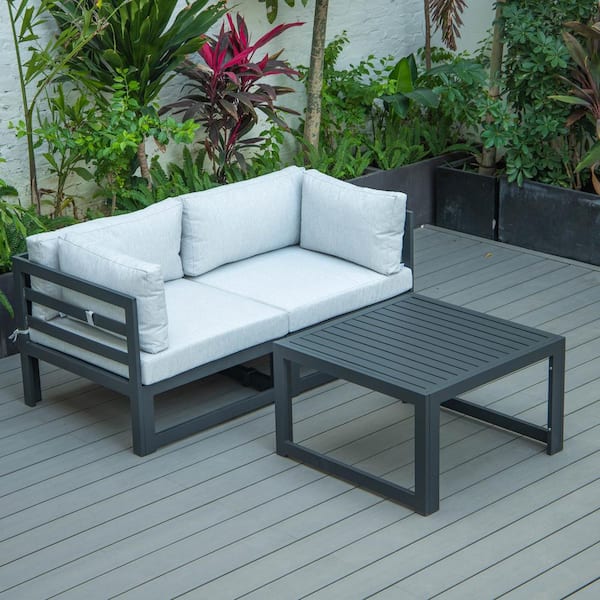 Leisuremod Chelsea Black 3-Piece Aluminum Patio Conversation Set with Light Grey Cushions