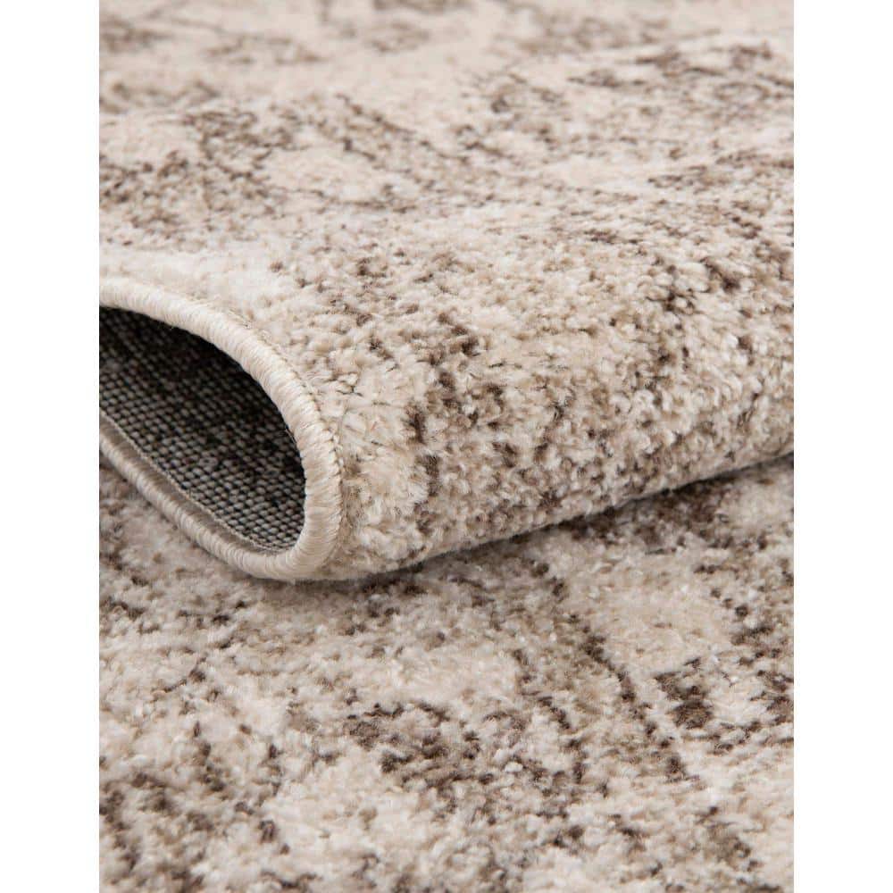 Ivory and Brown Floral Synthetic Square Rug, 10' x 10'