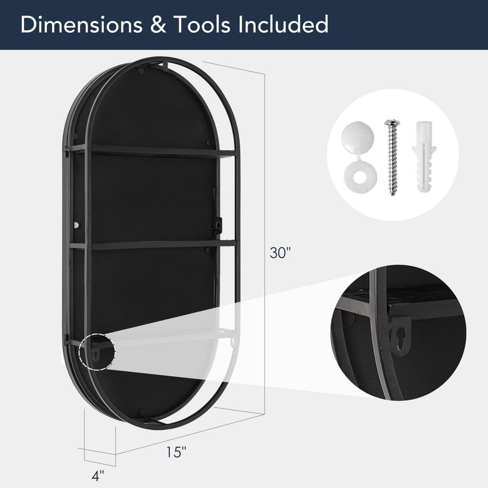 Black Metal Oval Vanity Mirror with Storage Shelves - 15" x 30"