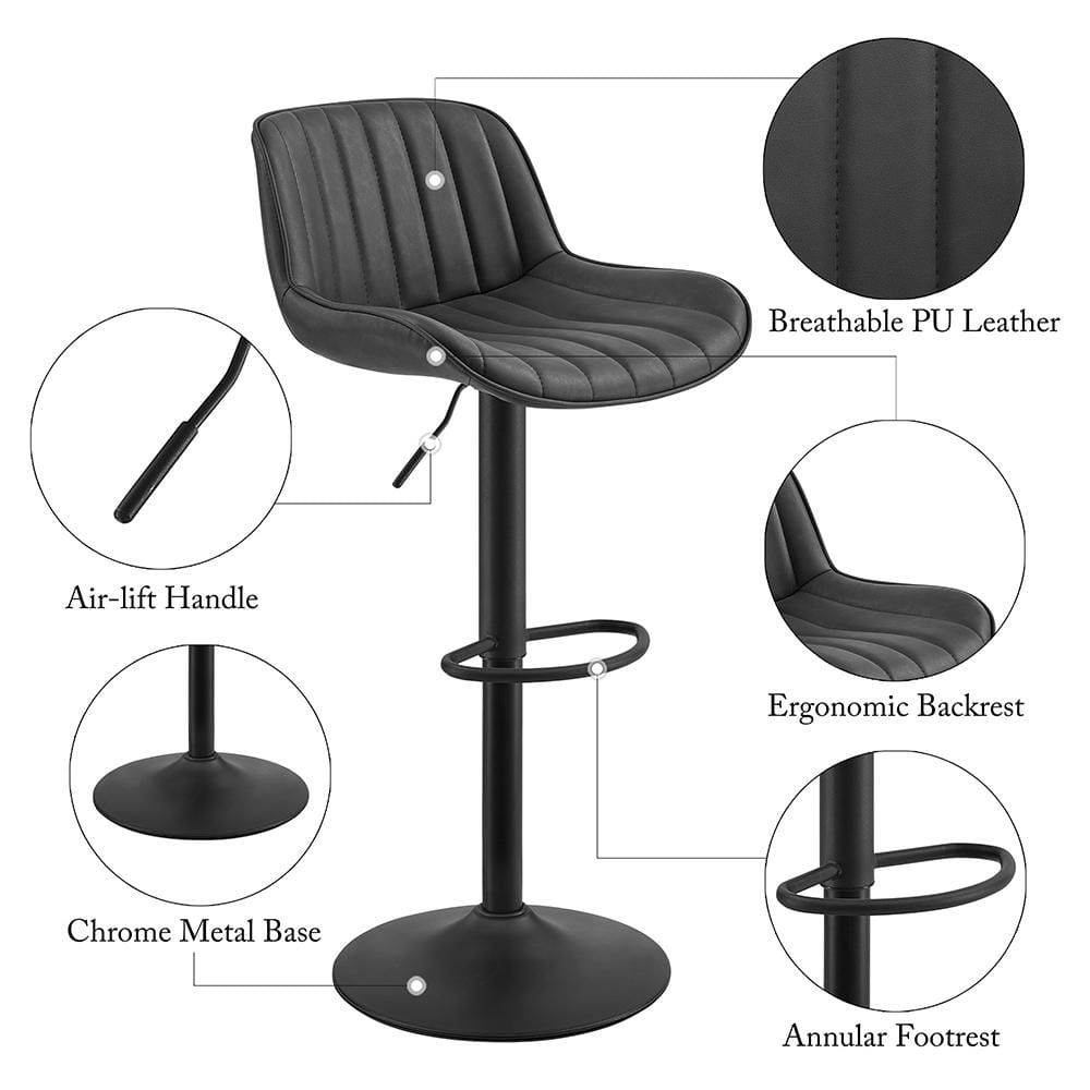 Zouron Adjustable Swivel Bar Stools, Black Faux Leather & Metal