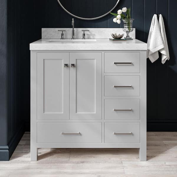 Cambridge 36 in. Single Sink Freestanding Bathroom Vanity in Gray with Carrara White Marble Top