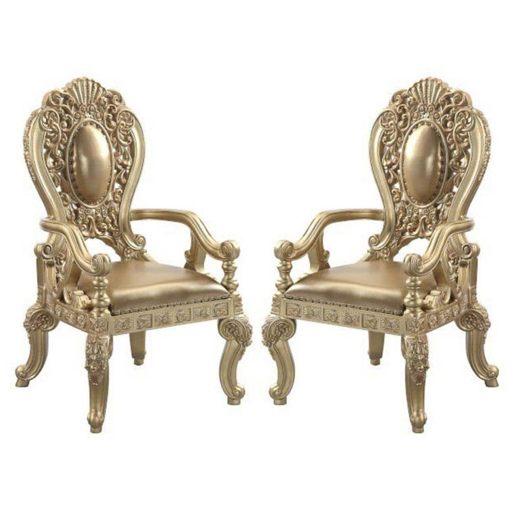 Benjara Gold Leather Armchair With Scrolled Crown Top Back (Set Of 2 ...