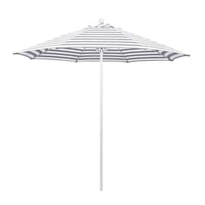 9 ft. White Aluminum Commercial Market Patio Umbrella with Fiberglass Ribs Push Lift in Gray White Cabana Stripe Olefin