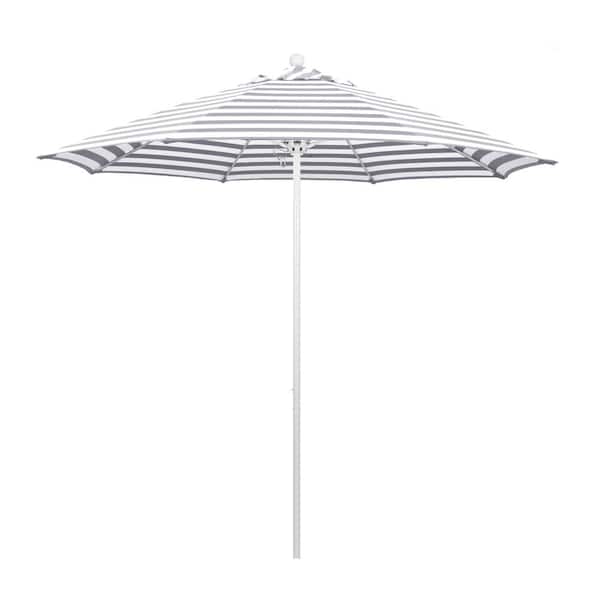 California Umbrella 9 ft. White Aluminum Commercial Market Patio Umbrella with Fiberglass Ribs Push Lift in Gray White Cabana Stripe Olefin