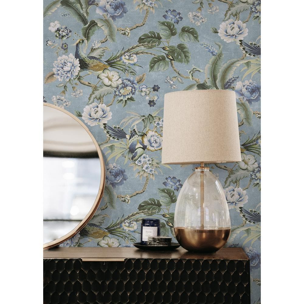 Blue and Charcoal Vinyl Floral Peel and Stick Wallpaper
