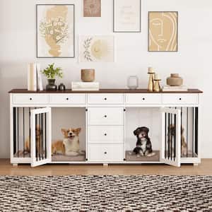 89 In. Large Dog Crate Furniture With 8 Drawers, Indoor XL Heavy Duty Wooden Dog House Kennel for 2 Medium Dogs, White