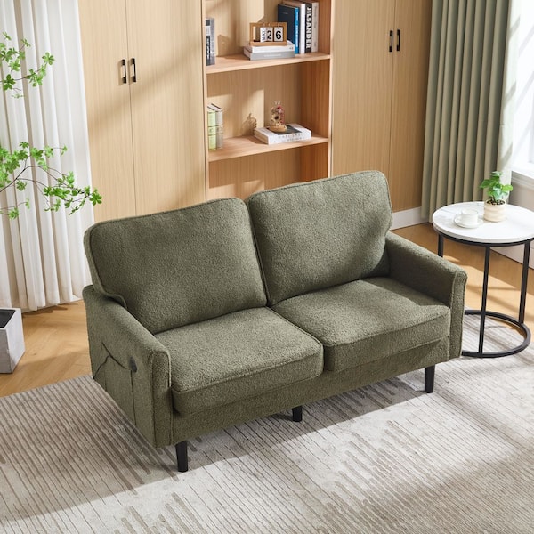 57 in. Mid Century Modern Boucle Loveseat Sofa with USB and Removable Pillow Cover in Green