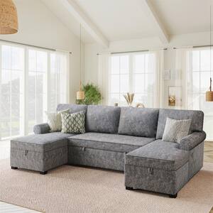109 in W Round Arm U Shaped Polyester Sectional Sofa in Gray w/2 USB Charging Ports and 2 Chaise Lounge