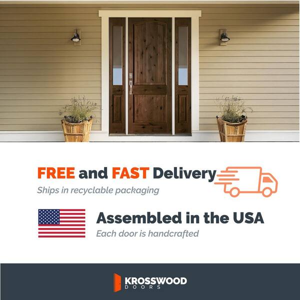50 in. x 96 in. Knotty Alder 2-Panel Arch-Top Right-Hand/Inswing Clear Glass cedar Stain Wood Prehung Front Door w/RFSL