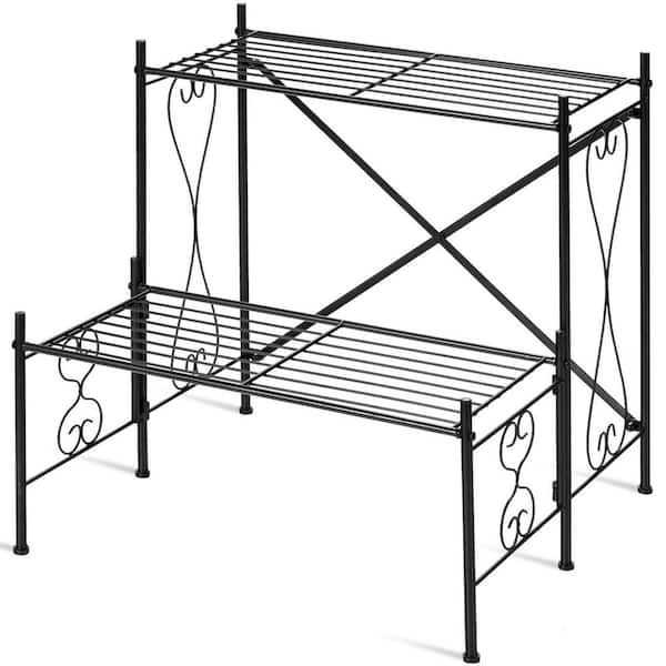 ANGELES HOME 24 in. Tall Indoor/Outdoor Black Metal Plant Stand (2-Tiered)