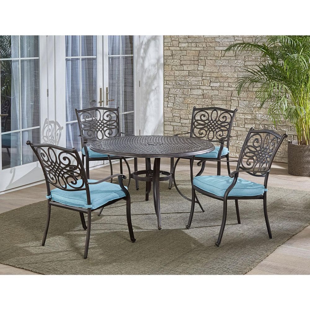 Bronze Aluminum Outdoor Dining Set with Blue Cushions