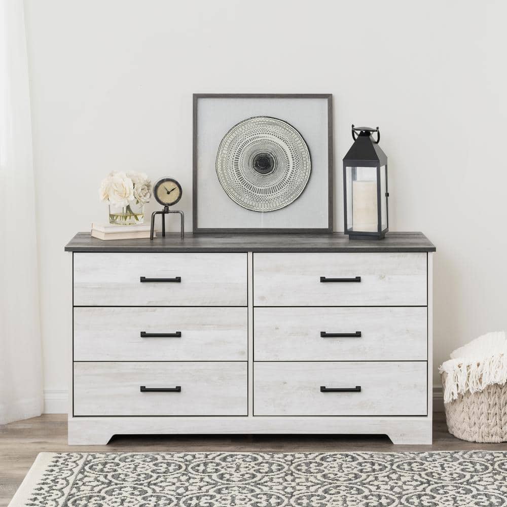 Washed White Farmhouse 6-Drawer Dresser with Soft Close