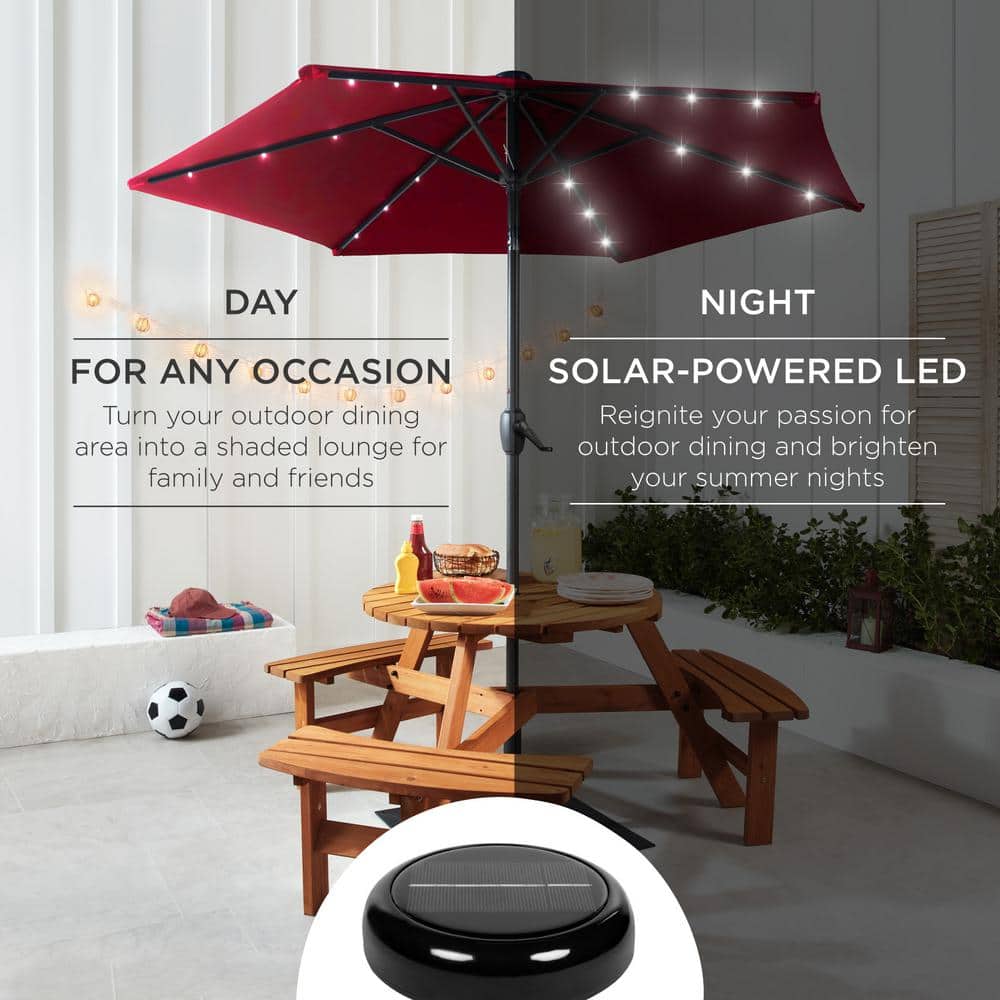 Burgundy Solar-Powered Tilting Patio Umbrella with LED Lights and Steel Pole
