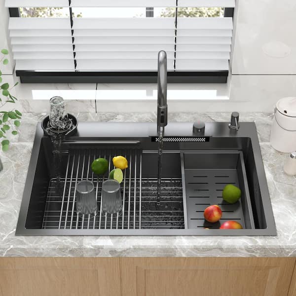 33.2 in. W Drop-In Single Bowl Matte Black Stainless Steel Kitchen Sink Workstation Set With Waterfall, Pull-Down Faucet