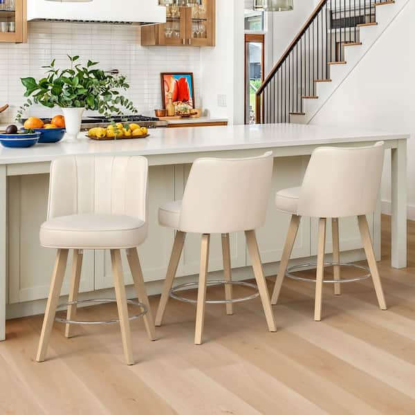 Paul 26 in. Ivory White Modern Faux Leather 360° Swivel High Back Barstool Solid Wood Counter Height stool (Set of 3)