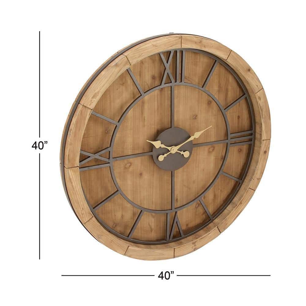 Oversized Brown Mediterranean Wood Wall Clock with Gold Hands