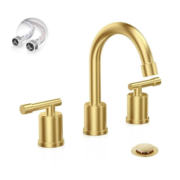 Brushed Gold 8 Inch Bathroom Faucet，3 Holes 2 Handles Modern Bathroom Sink Faucet with Metal Pop-Up Drain