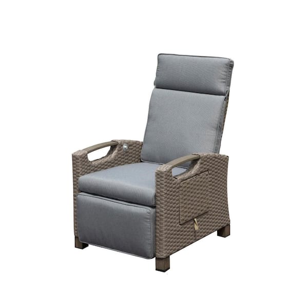 Zeus & Ruta Brown Wicker Outdoor Adjustable Recliner Lounge Chair with Removable Gray Cushions