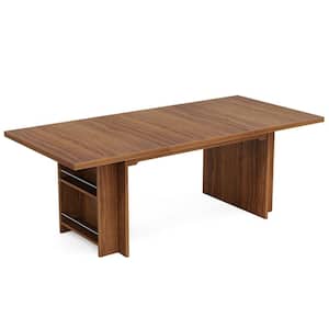 Halseey Farmhouse Brown Wood 63 in. Pedestal Dining Table Seats 6 to 8 with Storage Shelves