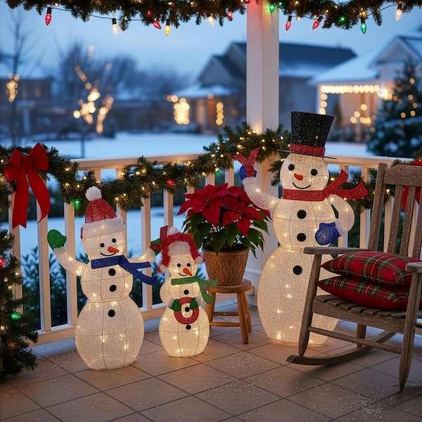 Northlight Lighted Glittering Mesh JOY Snowmen Outdoor Christmas